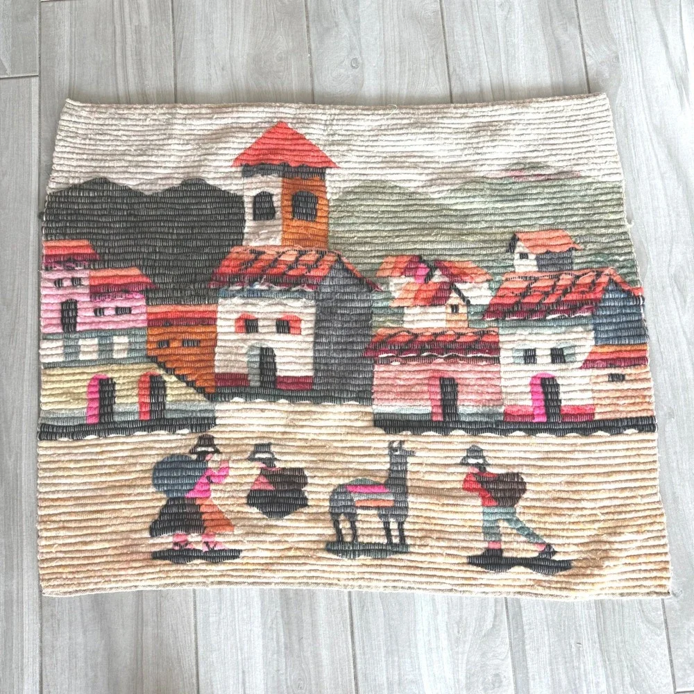VTG Peruvian Woven 1970s Tapestry Multi Village Llama Wall Art 37